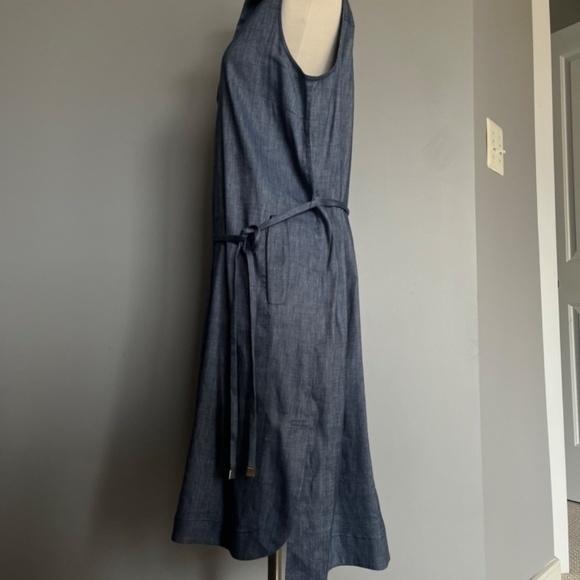 Lafayette 148 New York Blue Denim Pattern Rudy Linen Belted High Low Shift Dress - Picture 6 of 9